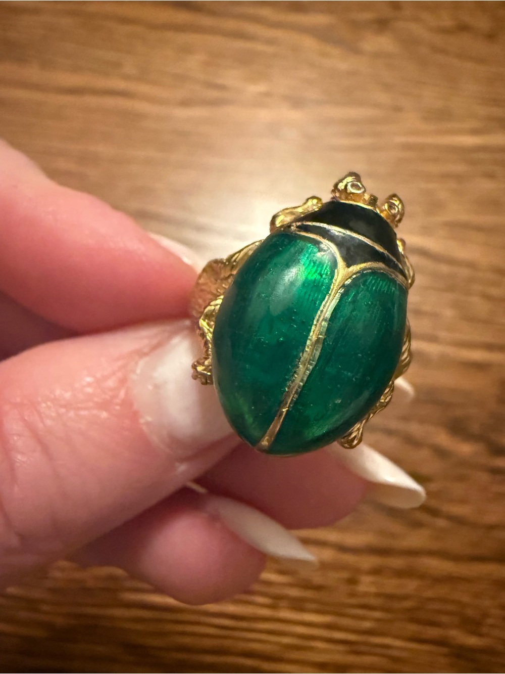 Gold Scarab Ring with Green Enamel Accent